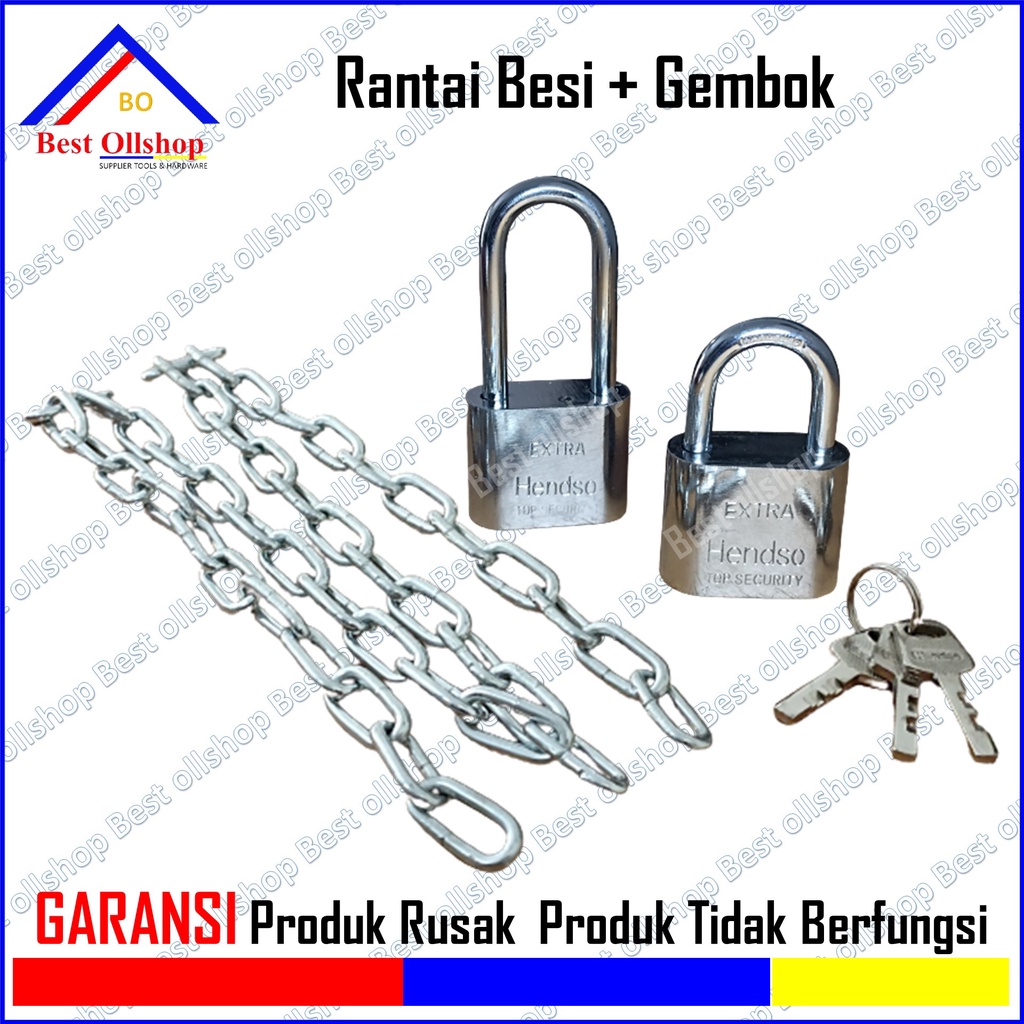 Gembok Rantai 100 Cm Kunci Pengaman Motor Sepeda Pagar Rumah Besi 1/8&quot;  3 MM Galvanis / 1 Paket Gembok 30 MM