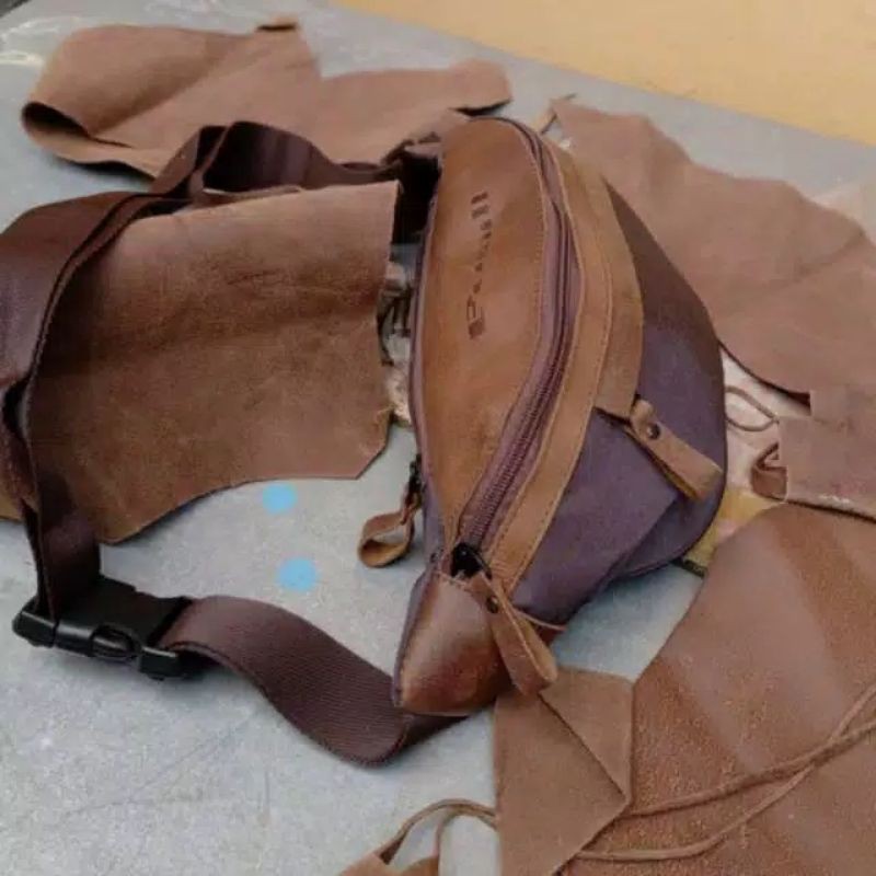 PUSIILL - Tas Salempang Pinggang Pria Kulit | Selempang Kulit Sapi Asli Kombinasi Cordura Anti Air