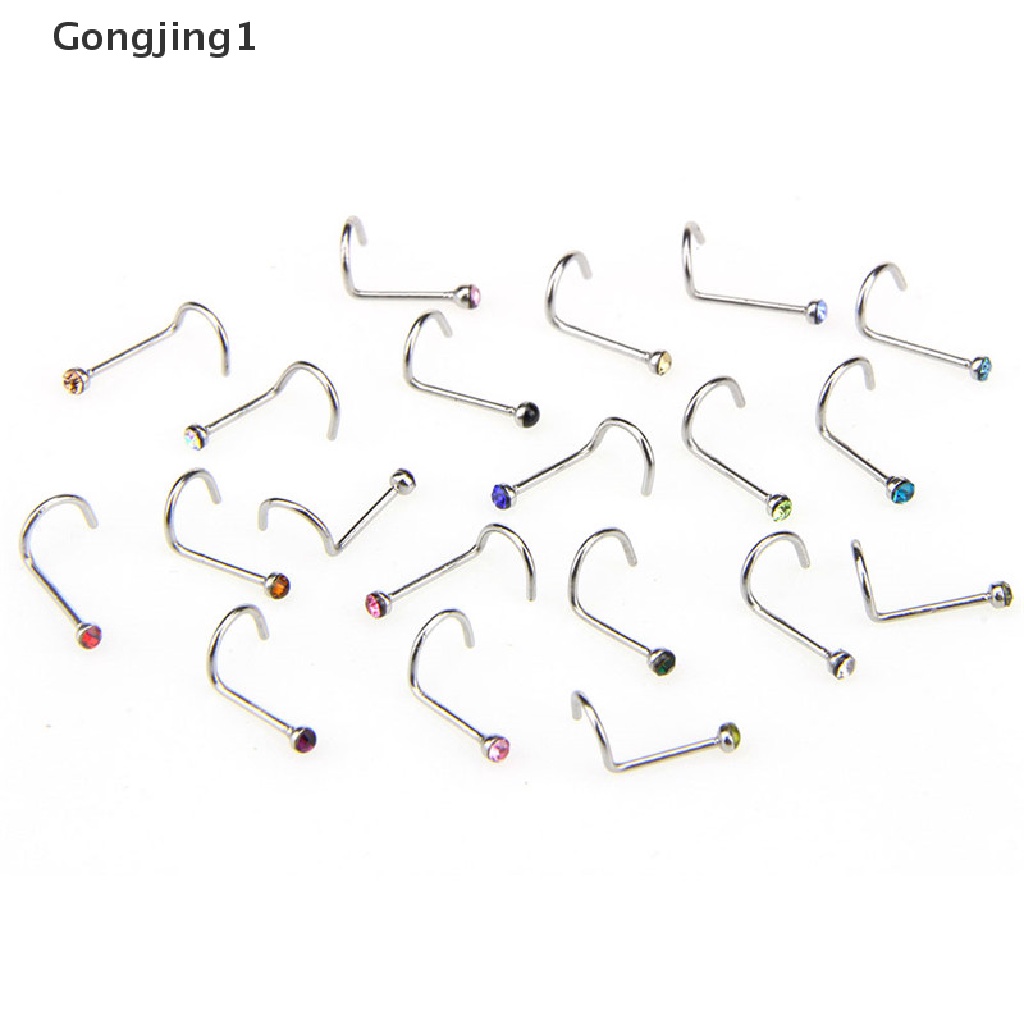 Gongjing1 20PCS / Set Cincin Tindik Hidung Bahan Stainless Steel Hias Kristal / Berlian Imitasi Untuk Wanita