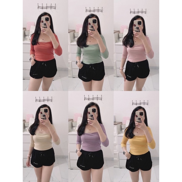 jisu croptop lengan 3/4.croptop polos wanita import murah,croptop kerah square/ kotak lengan 3/4 cwe,korean croptop murah