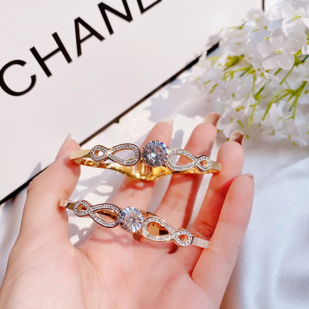 gelang tangan wanita titanium anti karat model luxury infinity zirconia