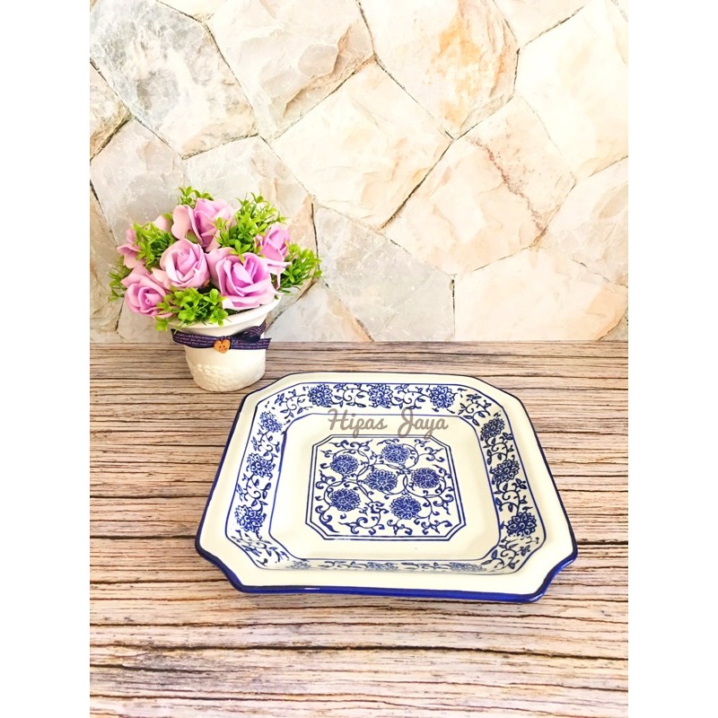 Piring Saji Keramik Kotak Biru Putih Import Ukuran 21,5cm (Chat Dulu Sebelum Membeli)