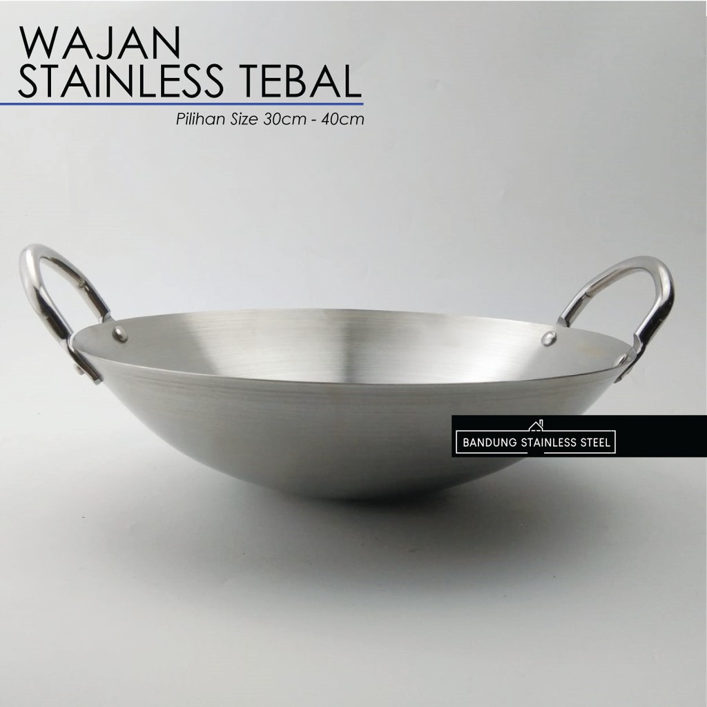 Wajan Penggorengan Stainless Steel Tebal Wok Kuali Goreng 30cm 32cm 34cm