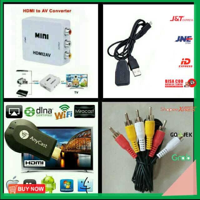 PAKET alat untuk menampilkan hp ke layar TV TABUNG LED LCD anycast miracast ezcast hdmi av 2 dongle