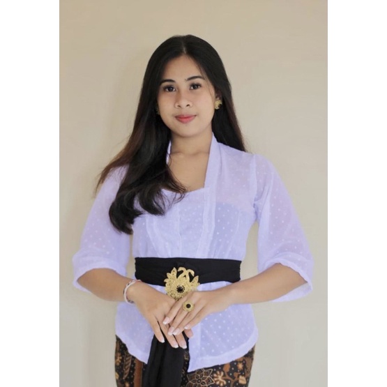 (Kebaya Saja) Kebaya bali sifon dot rubia lengan lonceng-Putih