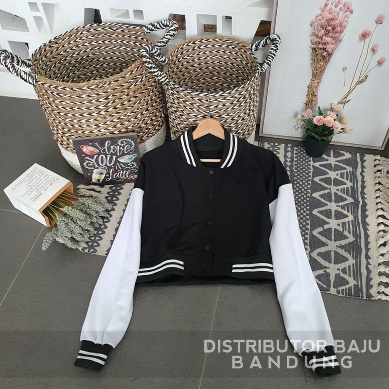 Jaket Baseball Crop | Korean Style Varsity | Pakaian Wanita | Jaket Wanita | Bahan Fleece | Allsize-2