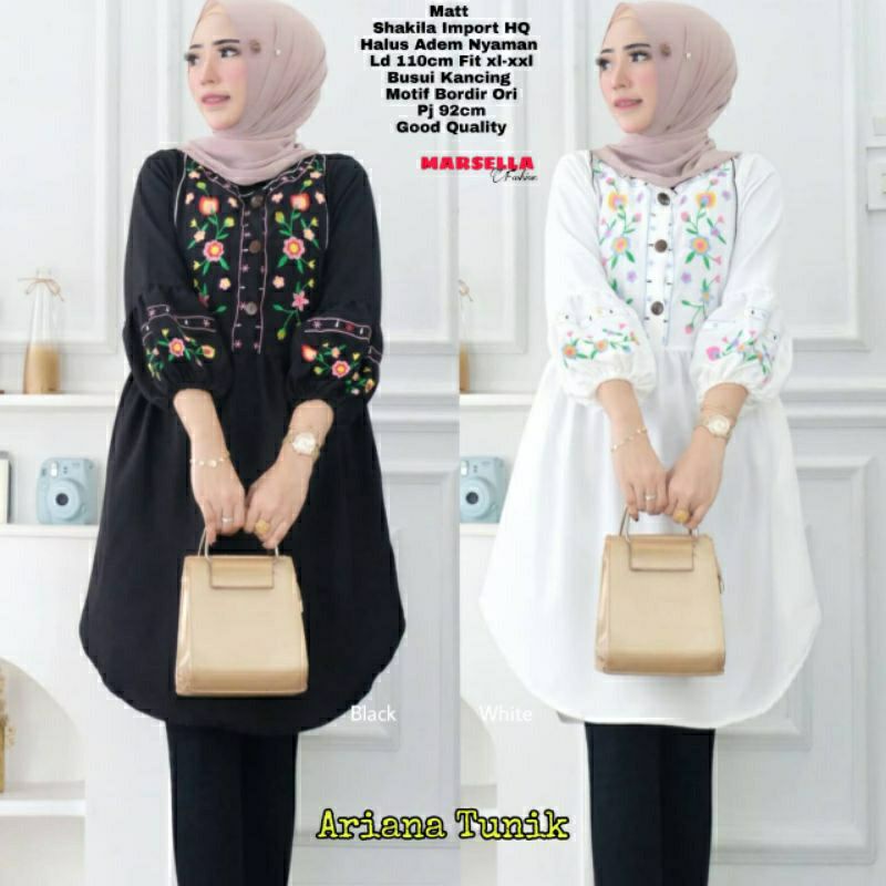 Ariana Tunik, TUNIK WANITA MUSLIM CANTIK FIT XXL LD 110 BAHAN SHAKILA IMPORT MIX BORDIR TERMURAH OOTD