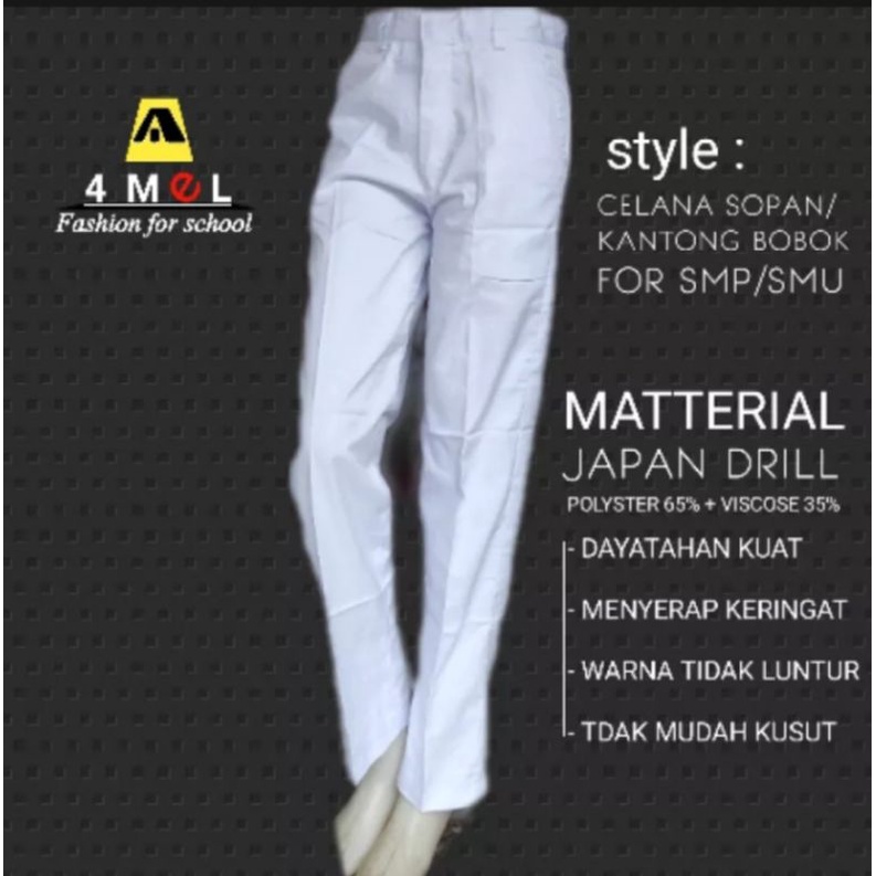 Celana Putih Panjang SMP/SMA Bobok Kain Japan Drill Seragam Sekolah