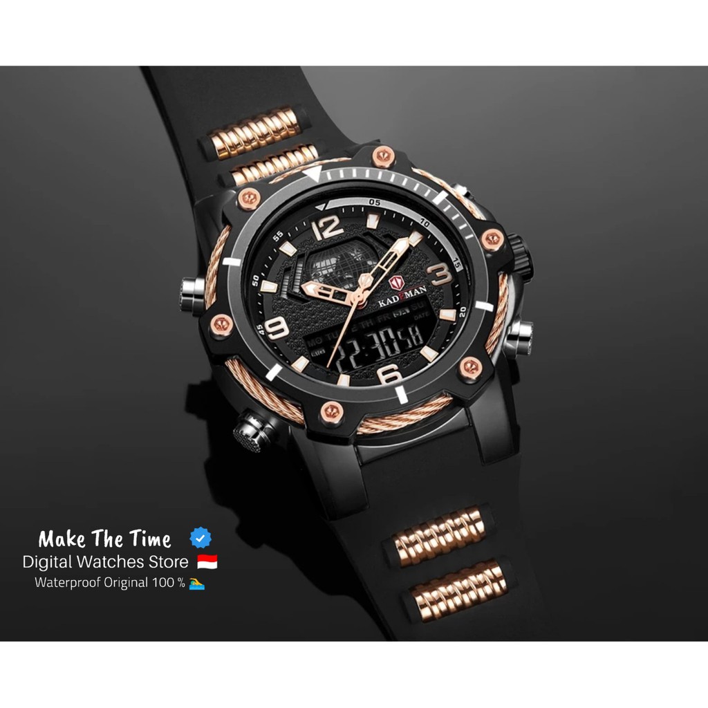 Jam Tangan Pria Kademan 9055 Dualtime Original Waterproof Rantai Strap Rubber Anti Luntur