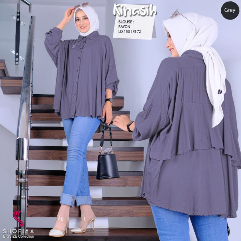 KINASIH KEMEJA WANITA OVERSIZE UKURAN JUMBO LD 150 BLUS RAYON VISCOSE PREMIUM 5XL BB 100KG
