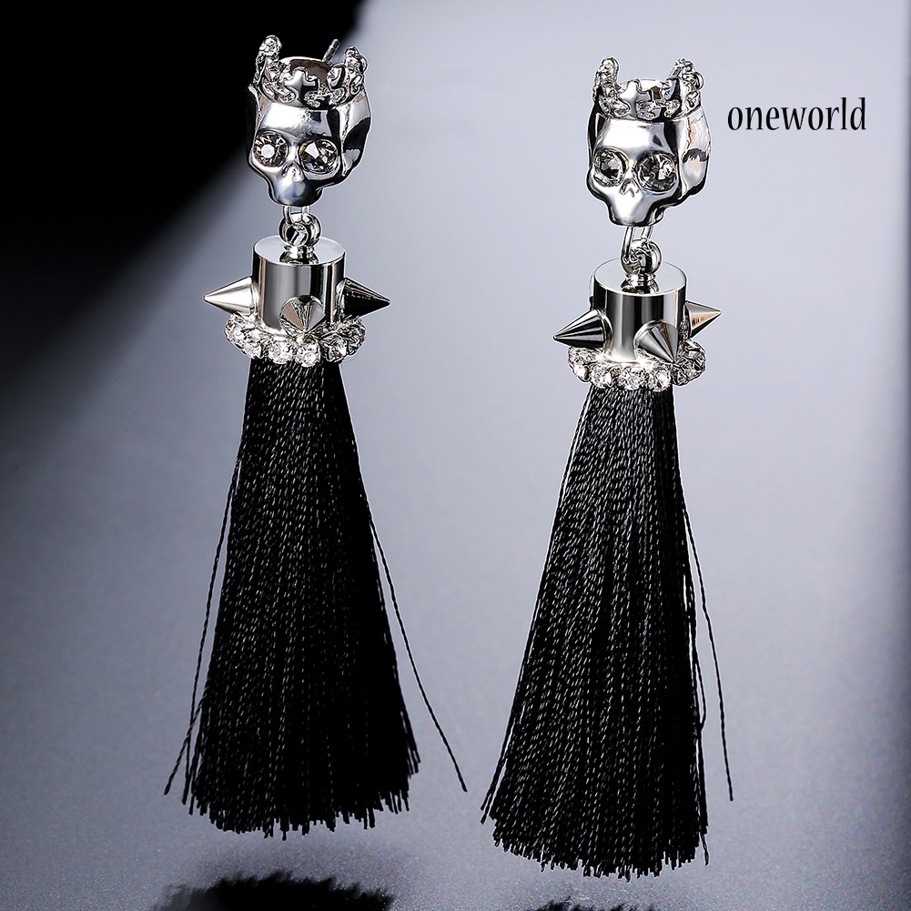OW@ Women's Fashion Plated Alloy Zircon Skull Shape Tassels Dangle Earrings Jewelry