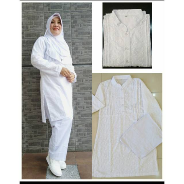 Baju tunik putih bahan katun paris bordir size M, L, XL dan XXL