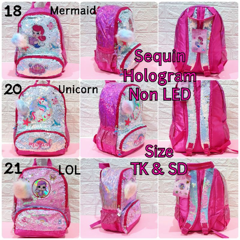 Tas Sekolah Anak Sequin Motif Gambar Frozen LOL Unicorn Ransel Sekolah Anak SD dan TK Sequin Usap Backpack Anak Perempuan dan Laki - Laki