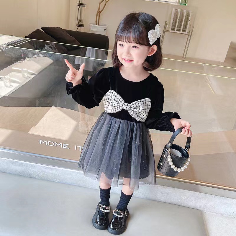 KF CAT  Dress Tutu Anak Perempuan Import/ Model Pita Besar/ Korea Style Fashion Lengan Panjang Untuk  1-4 Tahun-3