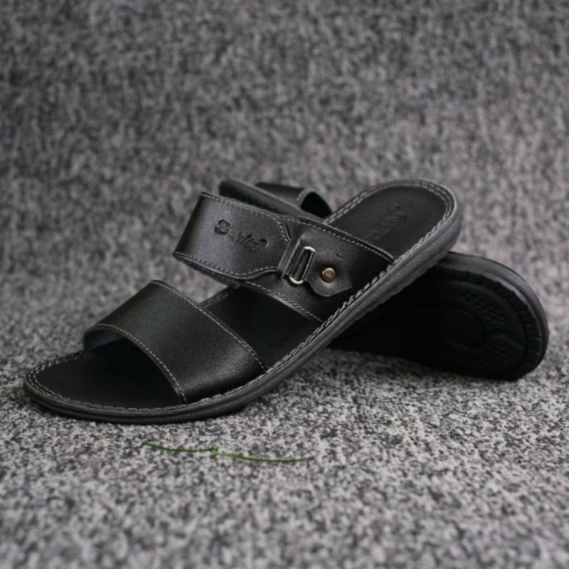 BRLN 005 Black Sandal Pria Casual Terbaru Full Kulit Asli Warna Hitam Sendal Selop Kerja Casual Santai