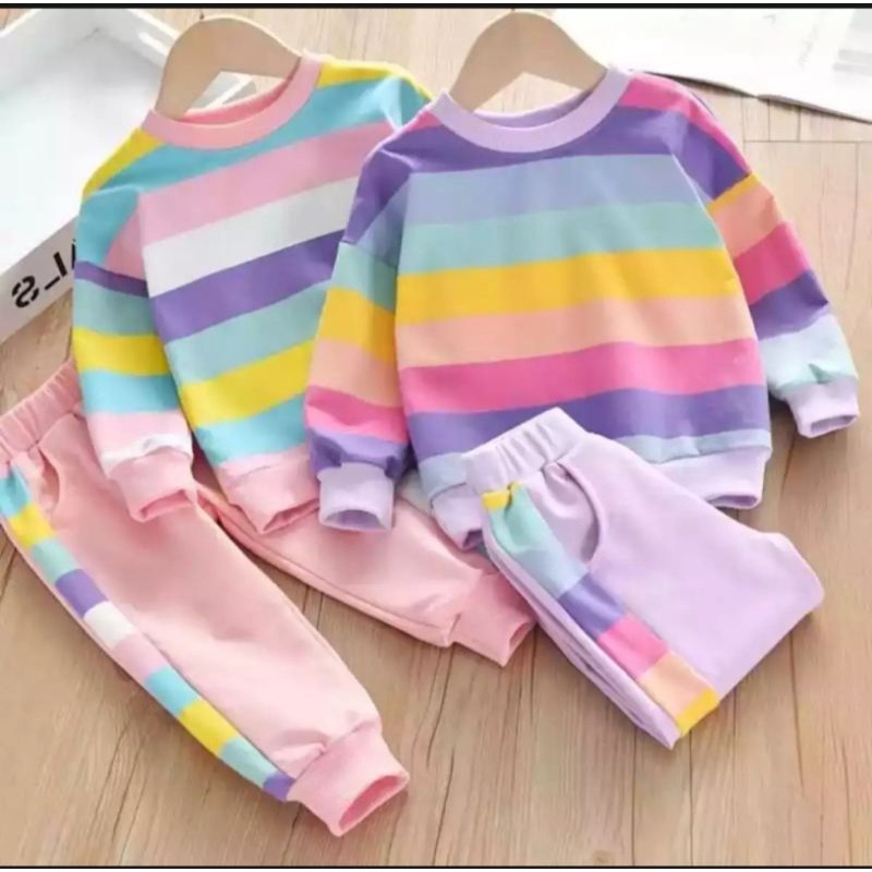 SETELAN BABY TERY ANAK PEREMPUAN TERBARU /SET JOGER RAINBOW PELANGI 1-5 THN