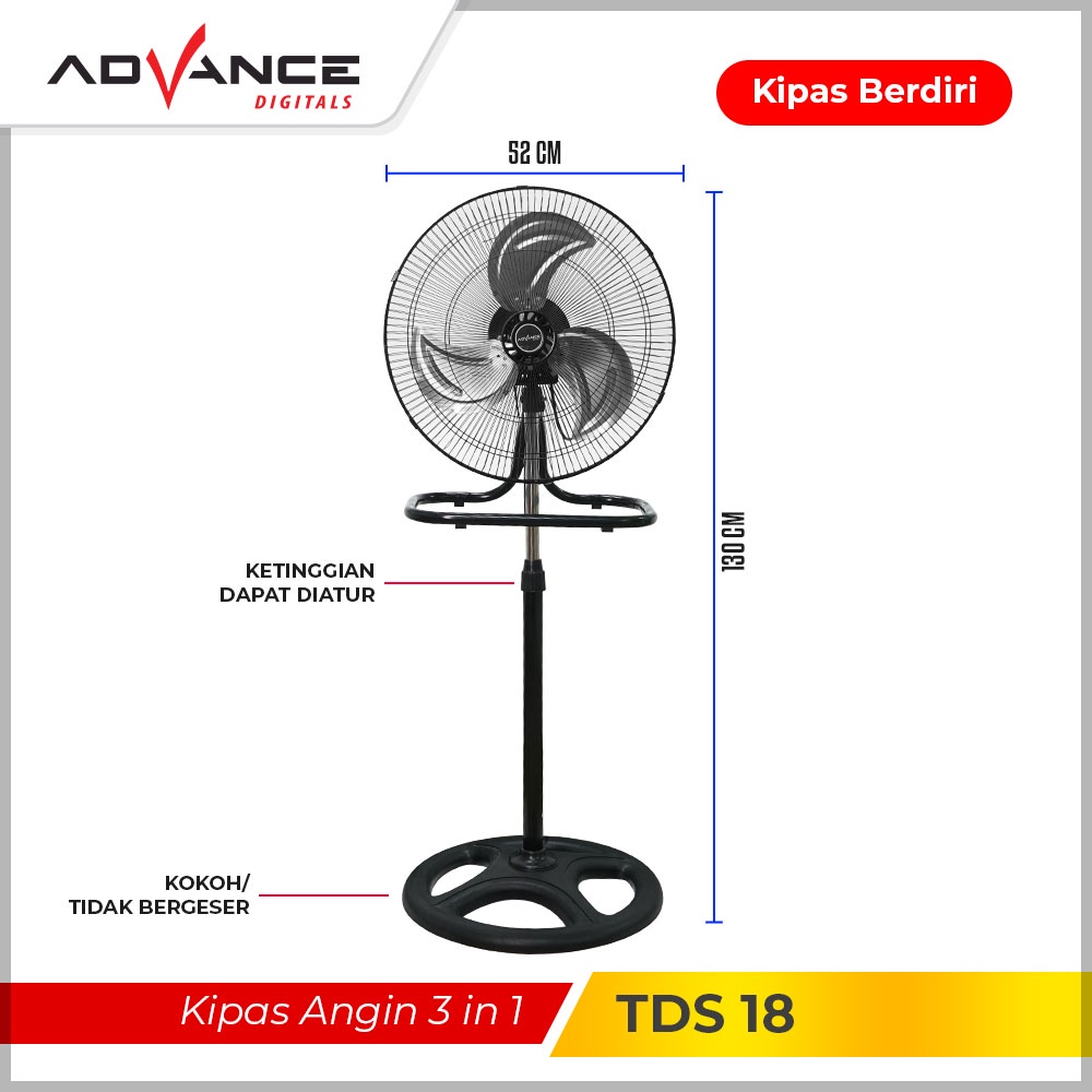 【READY STOK】 ADVANCE Kipas Angin Listrik 18 Inch Stand / Meja / Dinding Muka 3 In 1 Kipas Angin Garansi Resmi 1 Tahun