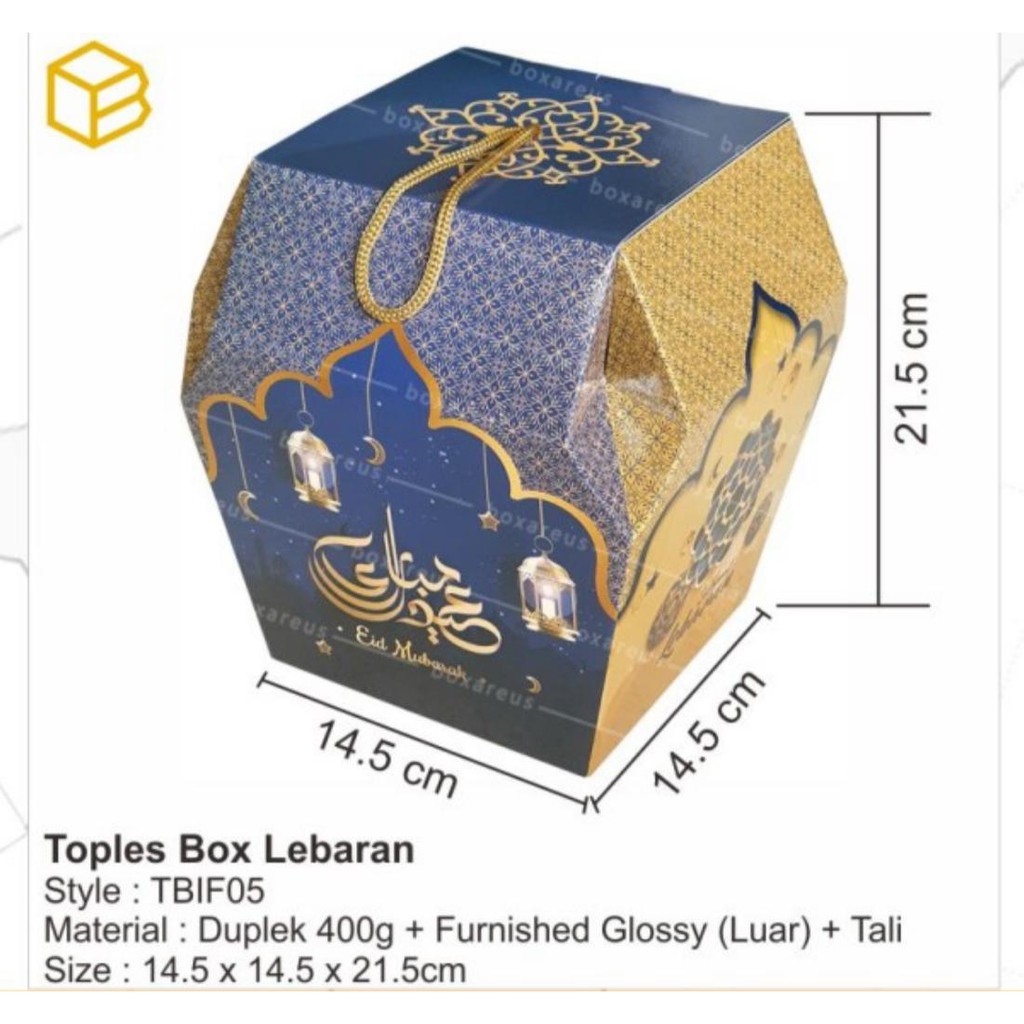 Dus Toples Lebaran Kubah Happy Eid Mubarak Biru Gold - Box Toples Lebaran - Biru Gosend/Grab Only