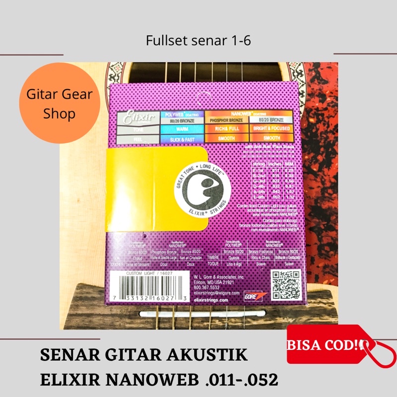 SENAR GITAR ELIXIR SENAR ELIXIR SENAR GITAR AKUSTIK ELIXIR SENAR AKUSTIK ELIXIR NANOWEB 011