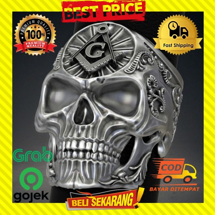 CINCIN TENGKORAK PRIA TITANIUM SILVER PERAK FREEMASON ILLUMINATI C143