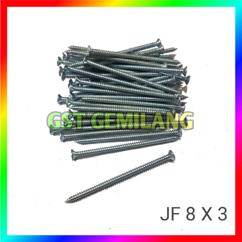 50 PCS SEKRUP JF 8 X 3 BAUT CACING KEPALA RATA