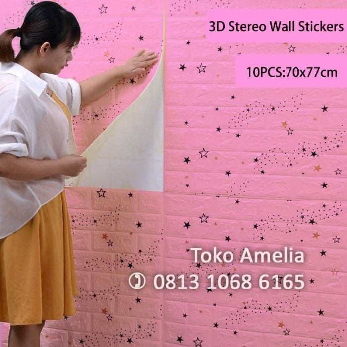 stock ready Wallpaper Sticker Dinding Bata 3D 70 x 77 cm stiker busa Pink Bintang