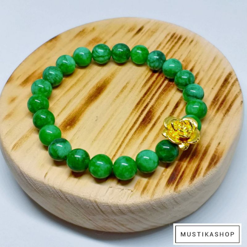 Gelang Batu Giok Birma Xuping Emas Mawar Asli Natural