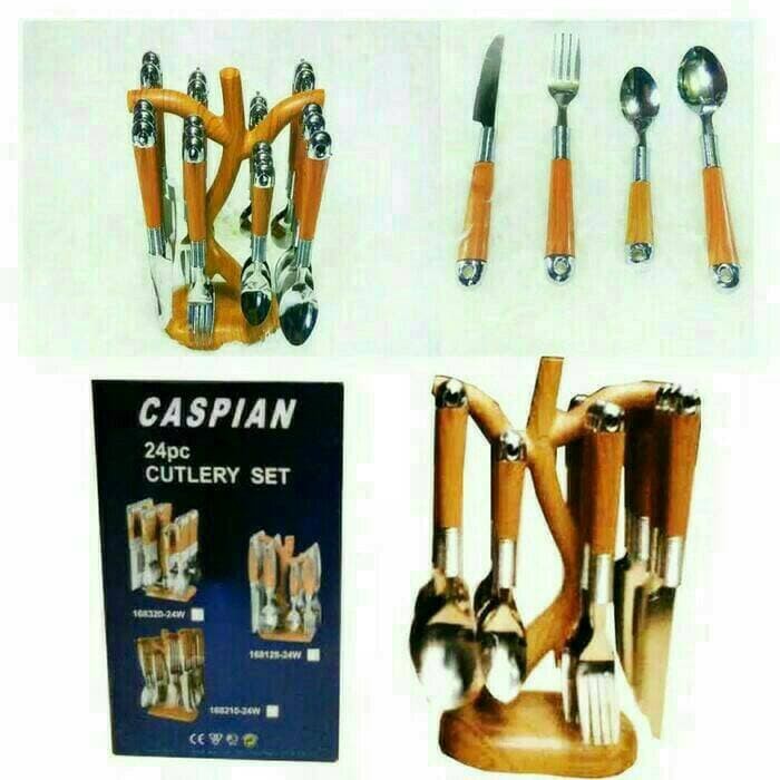 Sendok Set CASPIAN Motif Kayu 24 Pcs Cutlery Pisau Garpu Makan Dapur