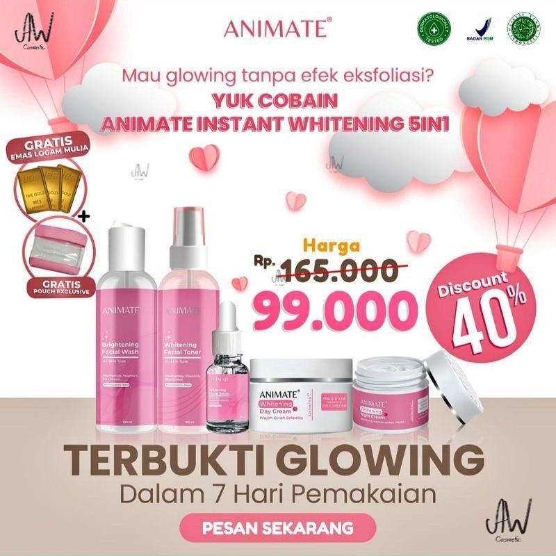 Animate Instant Whitening Series 5 in 1 Skincare Animate Paket Cream Pemutih Wajah