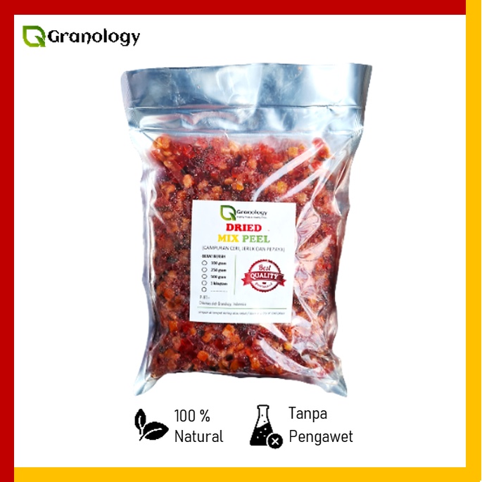 

Mix Peel 1 kilogram (Pepaya Kering, Potongan Kulit Jeruk & Cherry) by Granology