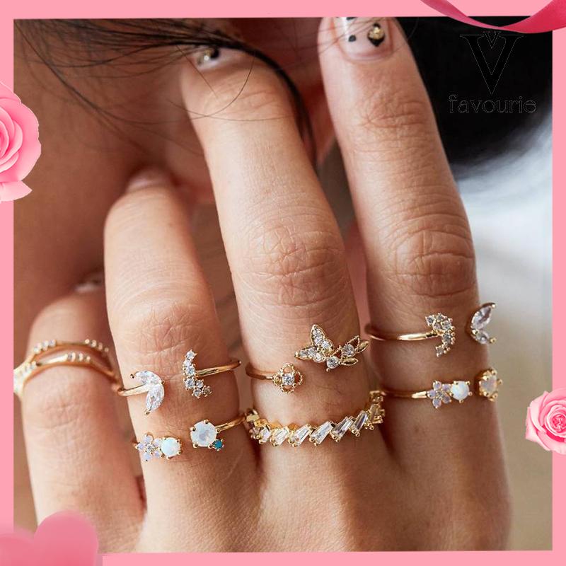 [COD]7-piece set berlian kupu-kupu bunga set cincin wanita cincin kristal festival pernikahan antik-FA