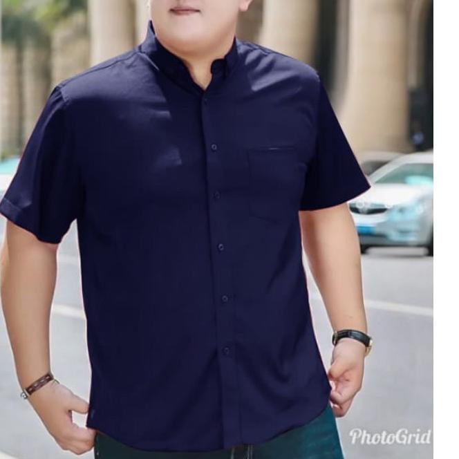 ✼ HipNop HEM JUMBO KEMEJA PRIA LENGAN PENDEK BIG SIZE POLOS HITAM PUTIH ATASAN PRIA JUMBO XXL XXXL ♣
