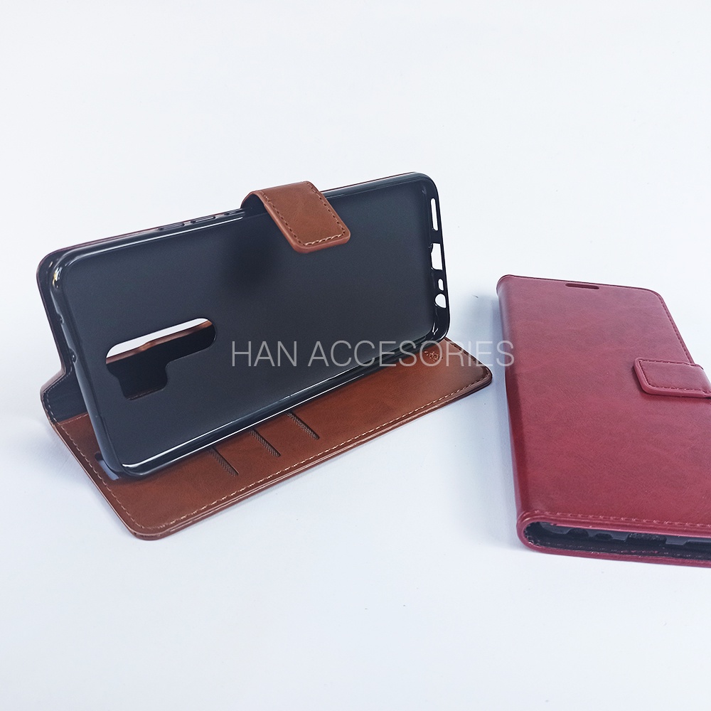 (PAKET HEMAT) Fashion Selular Flip Leather Case Xiaomi Redmi 7/7A/REDMI 8/8A PRO/9/9A/9T Flip Cover Wallet Case Flip Case + Nero Temperred Glass