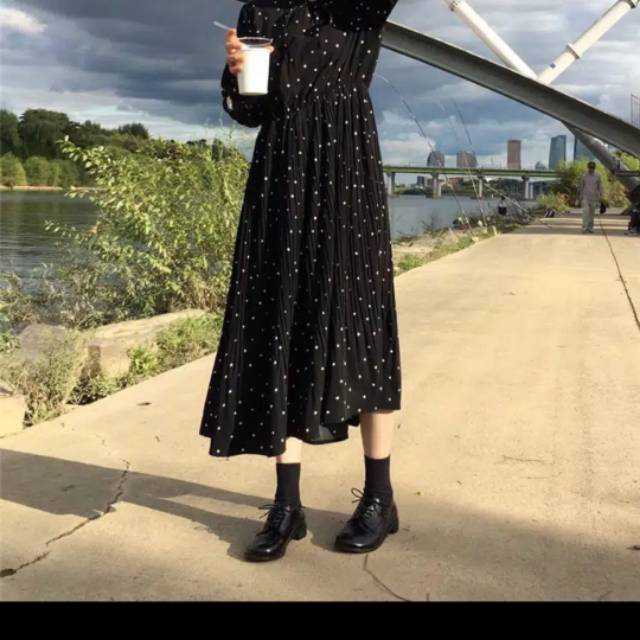 AimeiBeauty Dress Midi Lengan Panjang Model Longgar Dengan Motif Polka