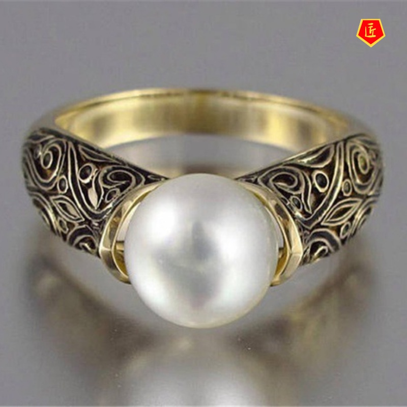 [Ready Stock]Inlaid Natural Freshwater Pearl Ring 14K Gold Retro Silver Accessories