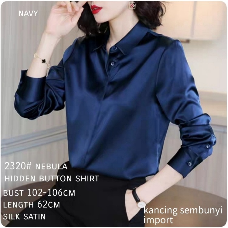 HOPYLOVY - Kemeja Satin Wanita Nebula Hidden Button Shirt