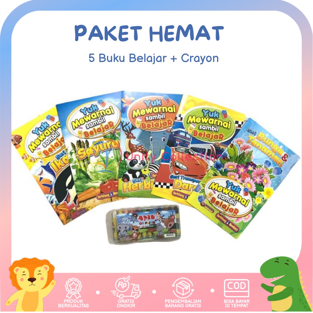 

Paket 5in1 Edukasi Buku Mewarnai Anak Belajar 1 Set Lengkap Crayon