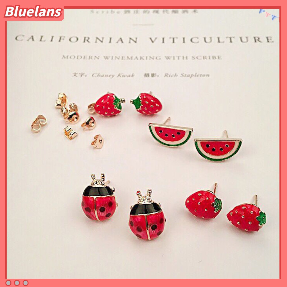 Anting Stud Desain Buah Strawberry Semangka Kumbang Untuk Wanita