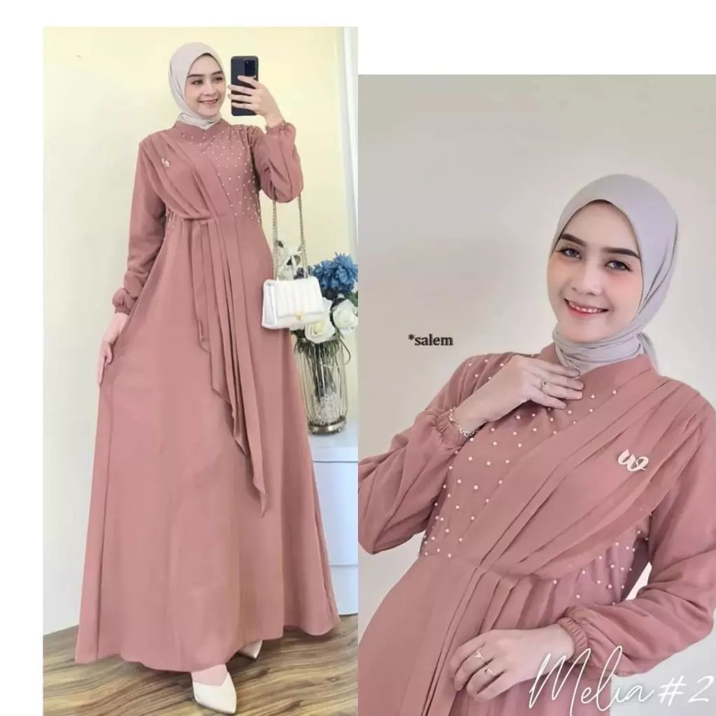 Melia Dress / Gamis Wanita Murah Bahan Ceruty Babydoll Aplikasi Mutiara / Fashion Muslimah Cewek Dewasa / GOM