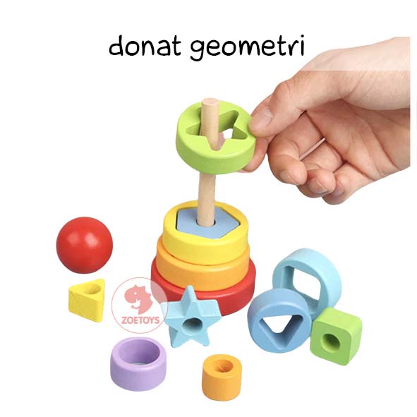 Zoetoys Menara Geometri Donat Pelangi | Ring Rainbow Tower | Menara Pelangi Kayu | Mainan Edukasi Anak