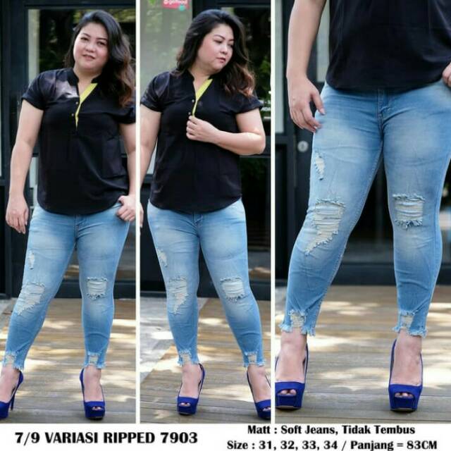 BIGSIZE JUMBO Celana Jeans Ripped Wanita 7/9 7per9 Sobek Lapis 7903