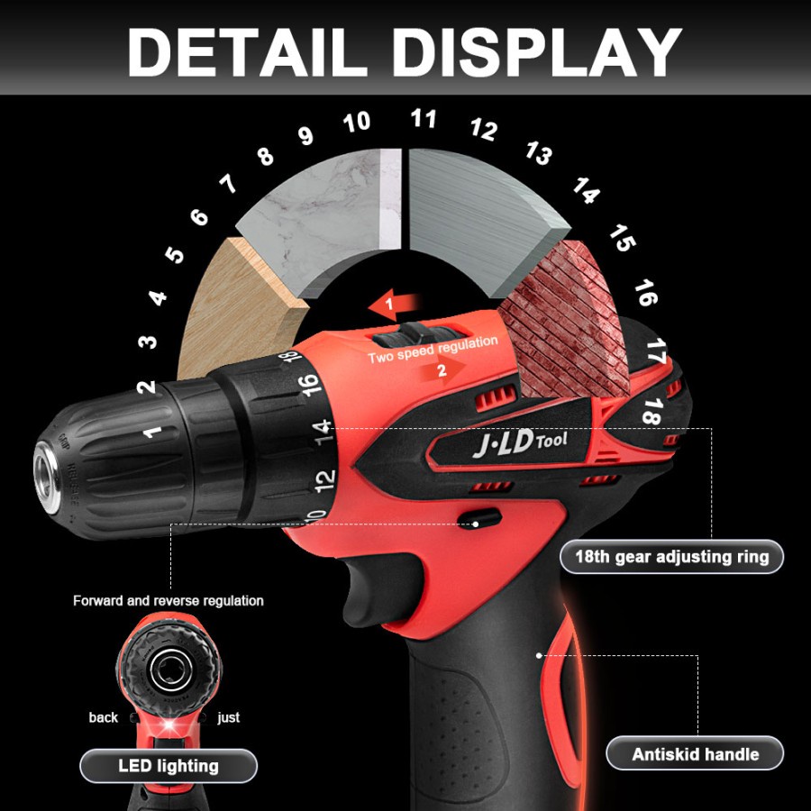 MESIN BOR BATERAI 12V JLD TOOL SET 2 BATERAI BOR CAS 12VOLT CORDLESS DRILL