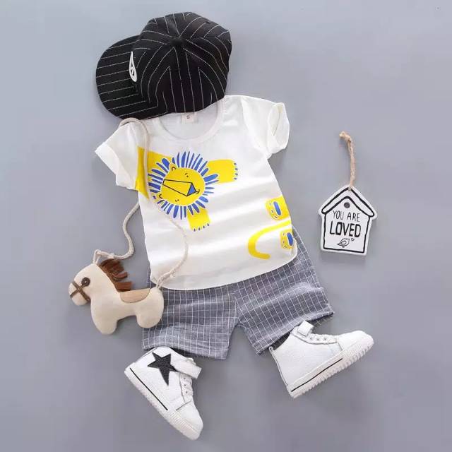 Setelan anak laki-laki motif singa / baby boy set 2pcs kaos celana pendek lion lucu adem katun impor