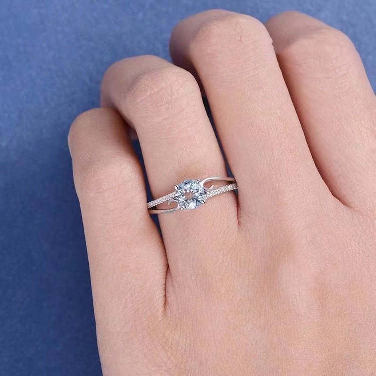 Cincin Nikah Silver S925 Hias Kristal Berlian Aquamarine Untuk Wanita