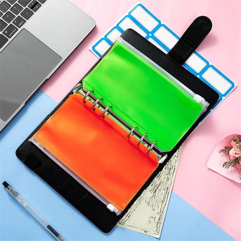 DIY A6 PU Leather Notebook Cover Binder Colorful PVC Zipper Bag Budget Planner Organizer Pockets