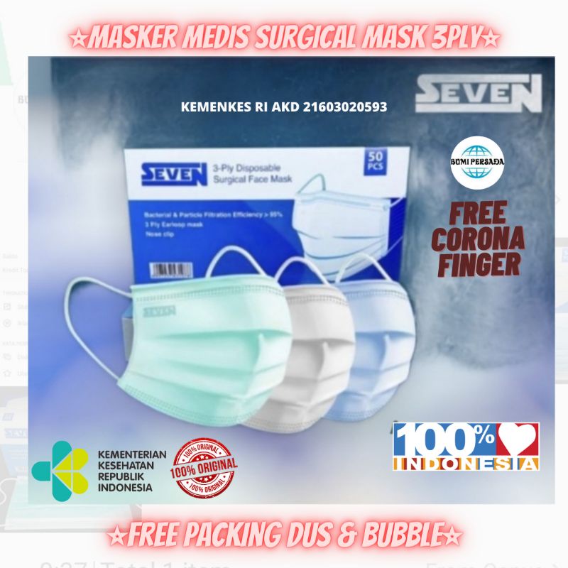 Masker Medis Seven 3ply earloop surgical mask isi 50pcs