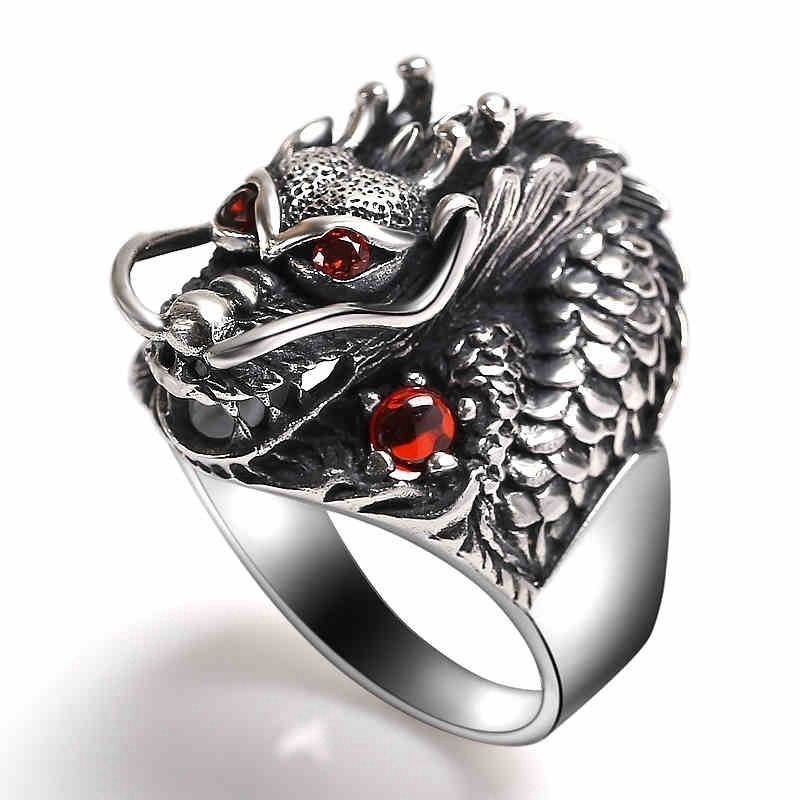 Cincin Desain Naga Raja Cina Warna Silver Gaya Punk Untuk Pria Dan Wanita