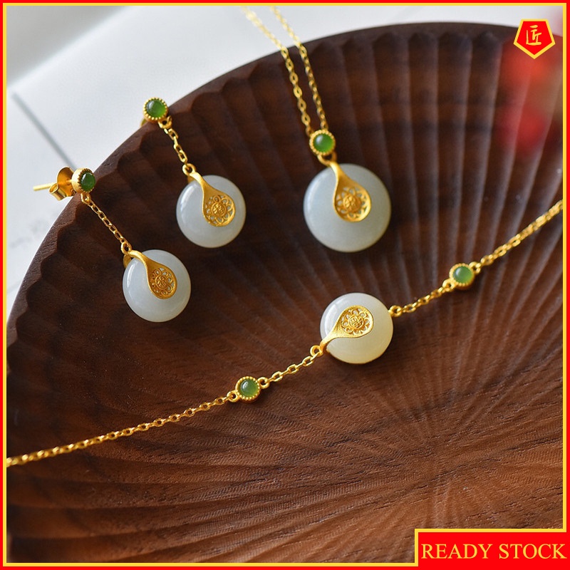 [Ready Stock]Elegant Earrings Gold Inlaid with Jade Necklace Set