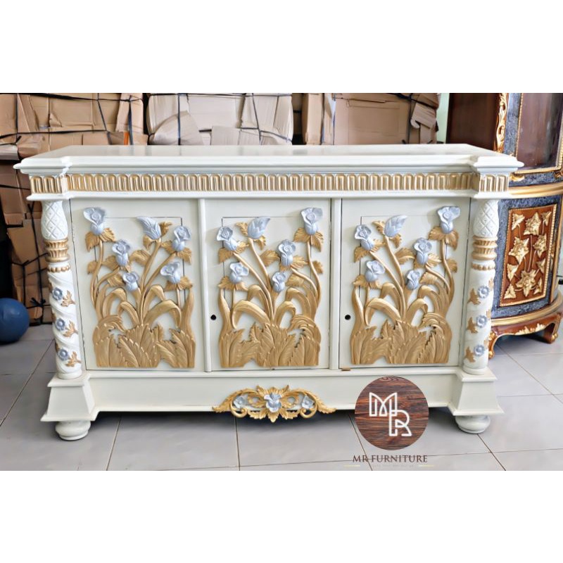 Meja TV Ukir Putih Emas Jati Jepara