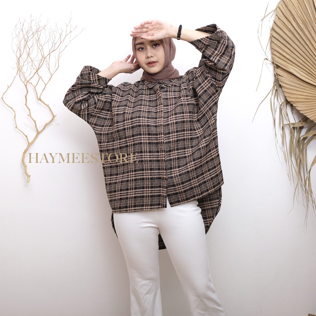 HaymeeStore Kemeja Flanel Wanita  Atasan  Lengan Panjang 